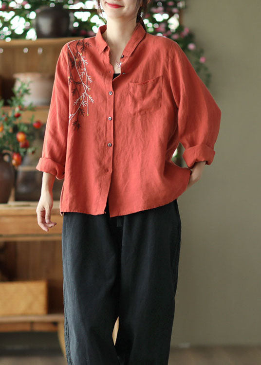 Red Peter Pan Collar Patchwork Linen Blouses Spring