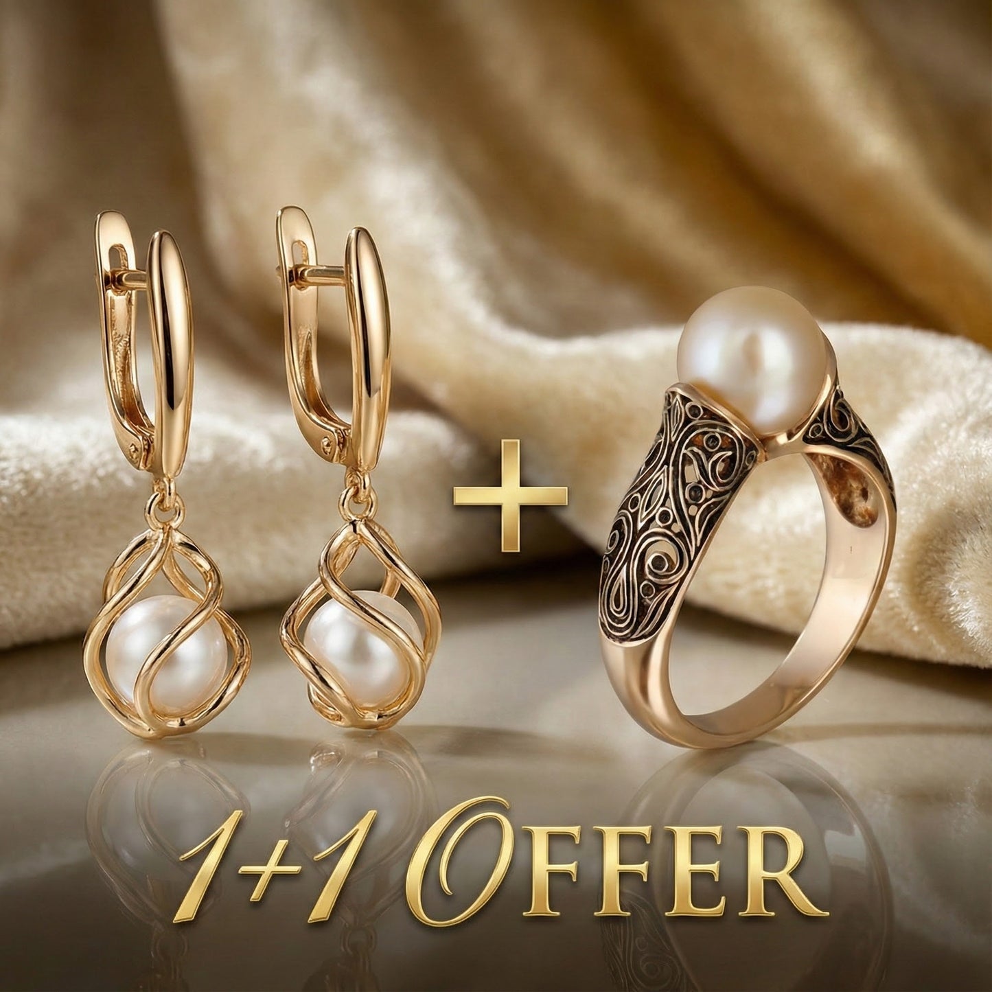 1+1 Offer: Gold Pearl Earrings + Gold Ring With a Fancy Pearl