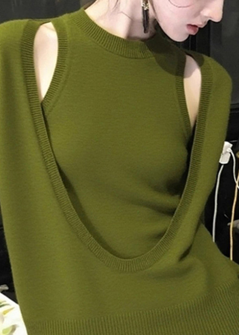 Fitted Green O-neck Cotton Knit Top and Vest Two Piece Set Fall