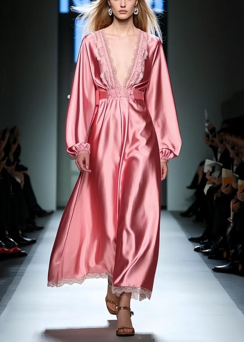 Classy Pink V Neck Patchwork Lace Long Dress Spring