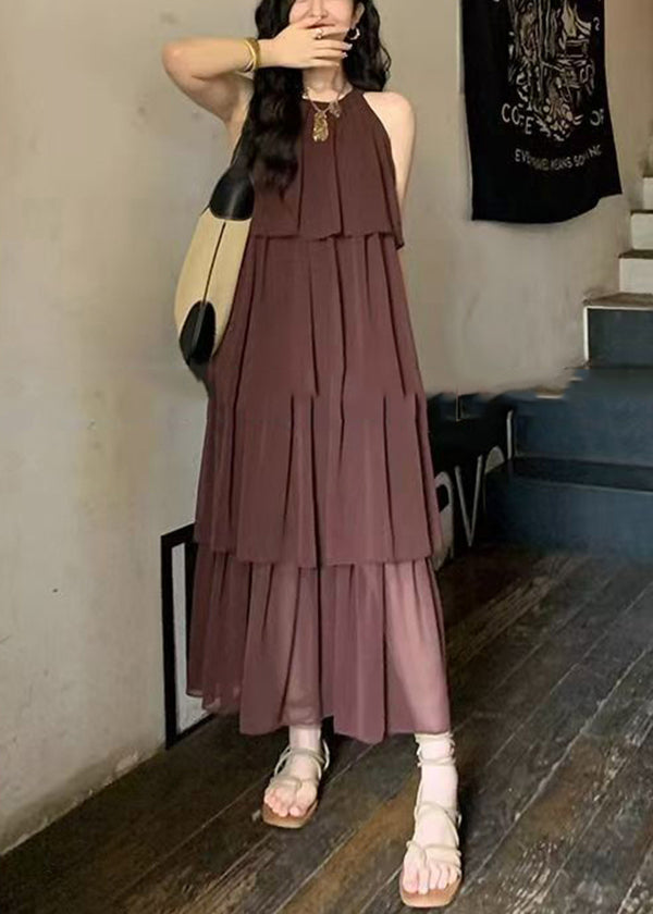 Coffee O Neck Layered Wrinkled Patchwork Chiffon Dresses Sleeveless