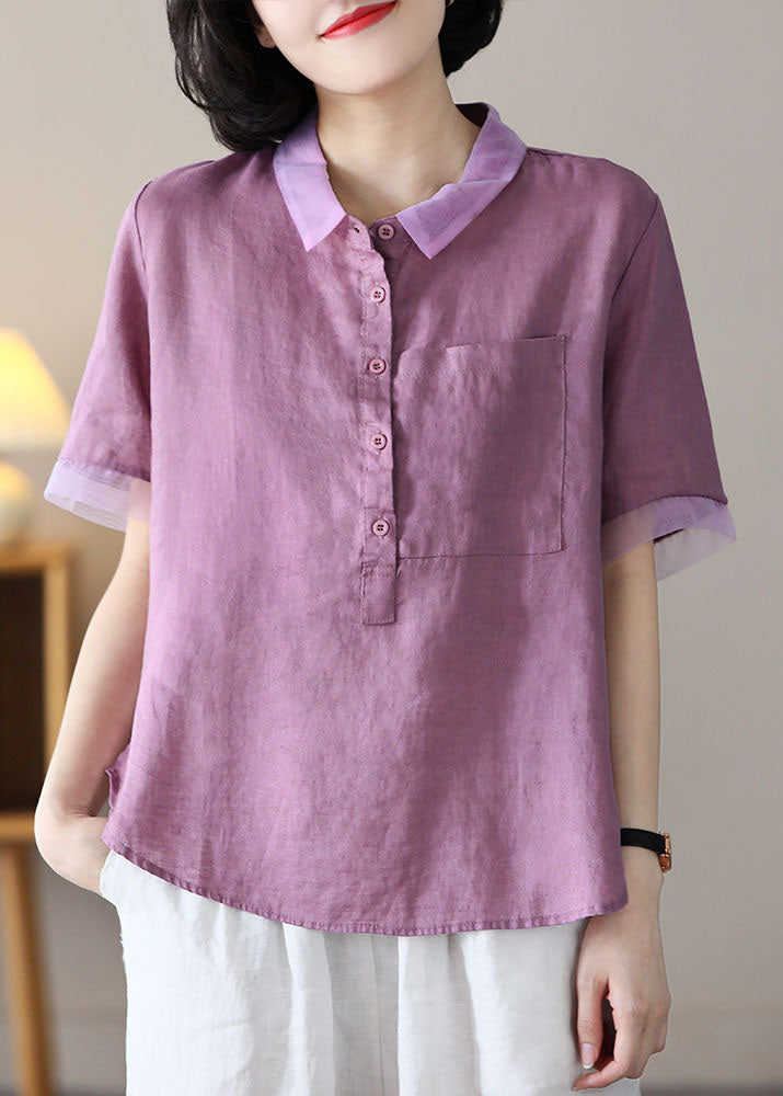 Purple Peter Pan Collar Patchwork Linen Shirt Tops Short Sleeve
