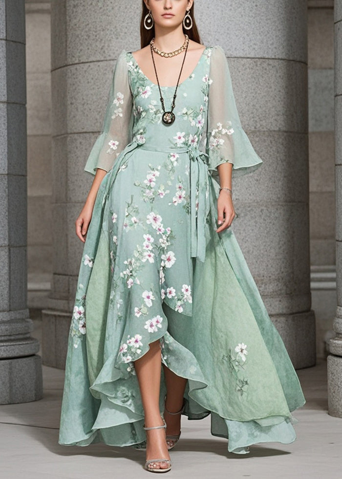 Green Asymmetrical Print Exra Large Hem Chiffon Holiday Dress Summer