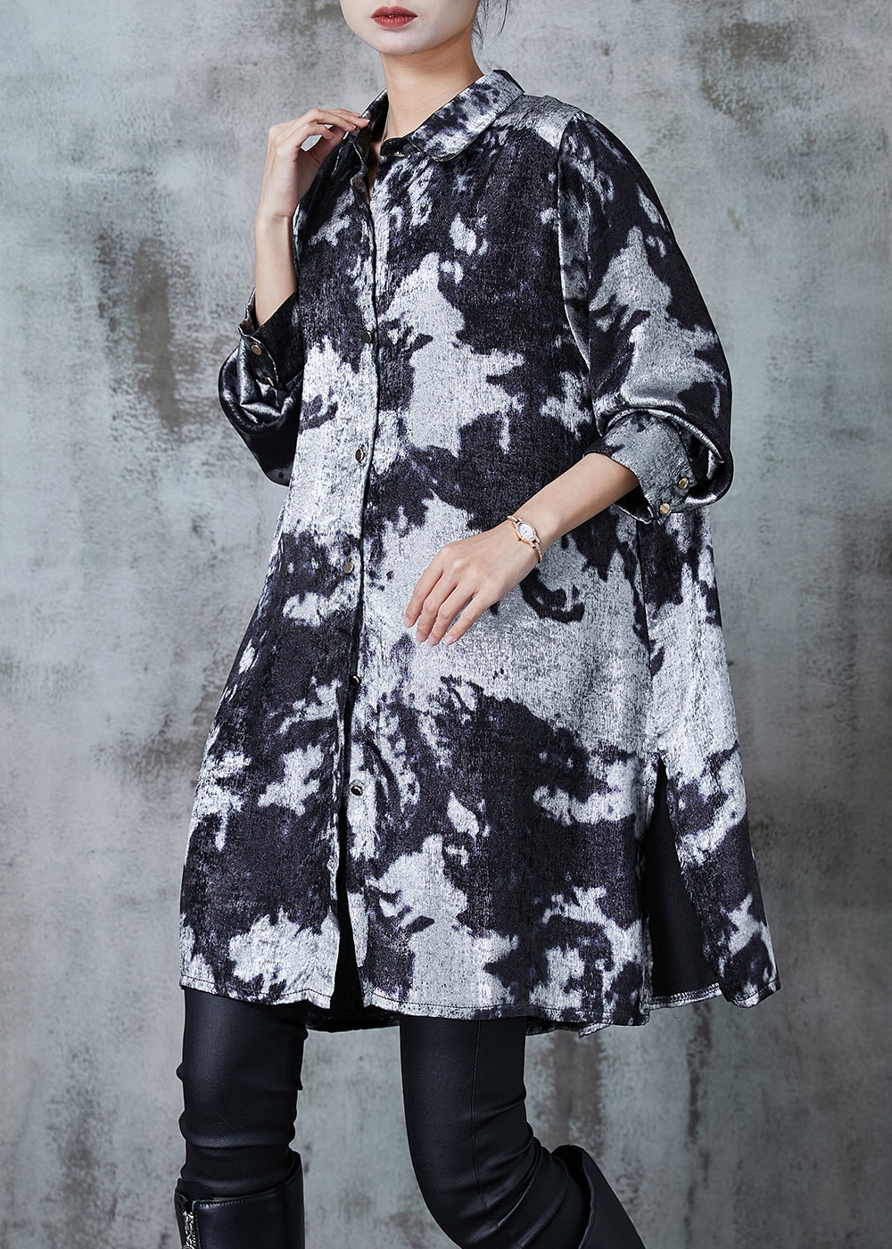 Grey Oversized Tie Dye Silk Velour Shirt Dress Fall