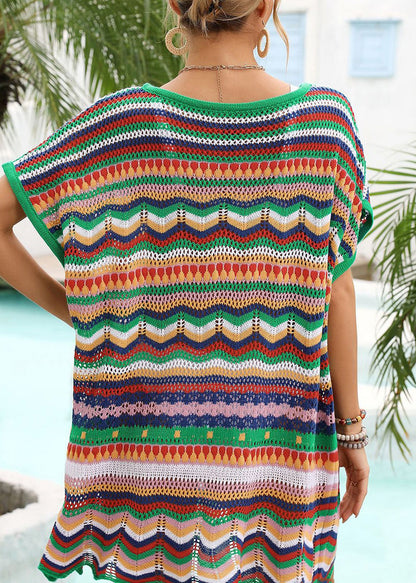 Green V Neck Hollow Out Striped Knit Dress Summer