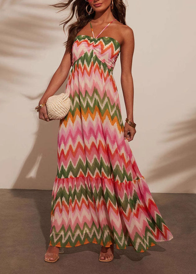 Colorblock Backless Spaghetti Strap Dress Summer