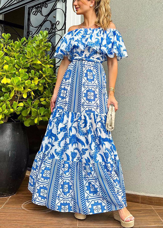 Classy Blue Slash Neck Ruffled Print Cotton Dresses Summer