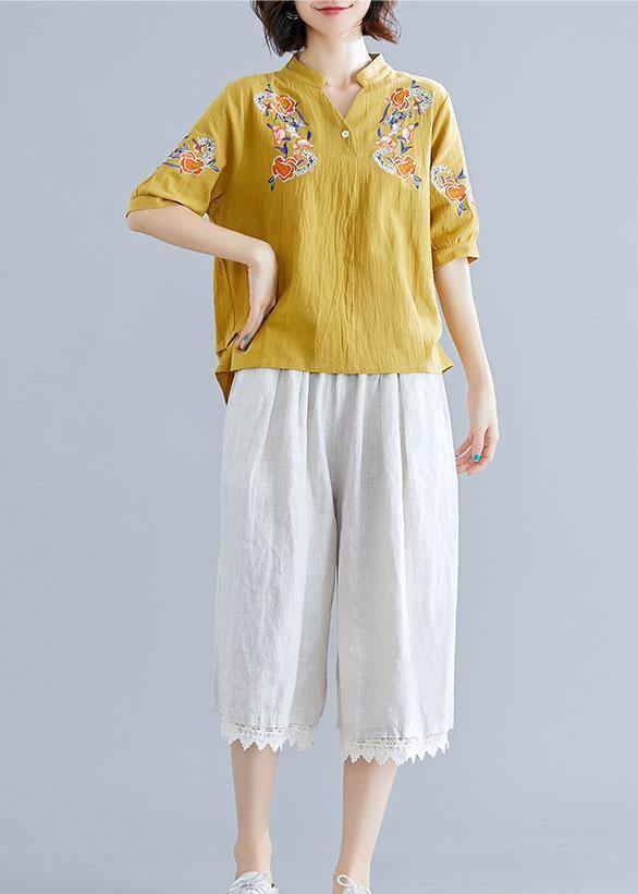 Yellow Embroidery Linen Cotton Blouse Sewing V Neck Summer Top