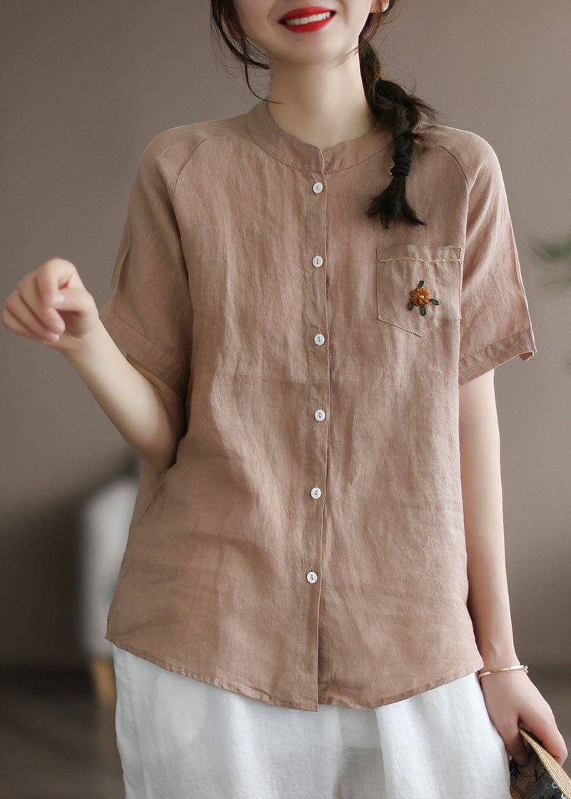 Khaki Loose Linen Shirt Top Embroidered Button Short Sleeve