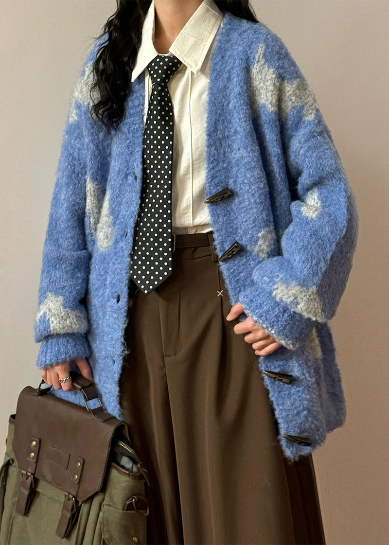 Blue V Neck Button Little Horse Knit Coats Spring