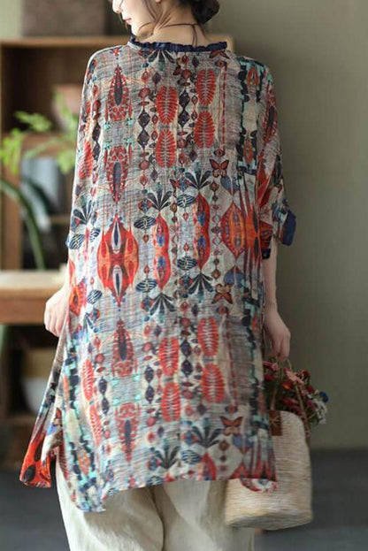 Ramie Print O-neck Loose Shirt