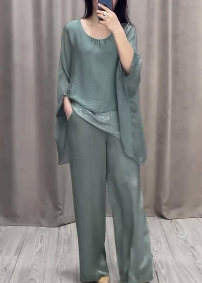 Loose Purple O Neck Tops and Pants Cotton Two Pieces Set Batwing Sleeve