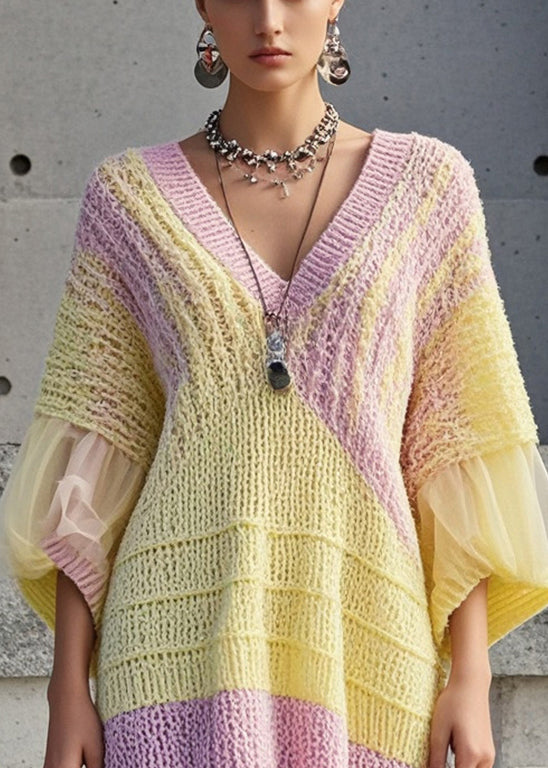 Yellow Oversized Patchwork Tulle Sweater Dress Fall