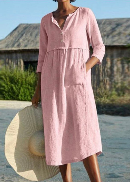 Pink O Neck Pockets Patchwork Cotton Dresses Summer