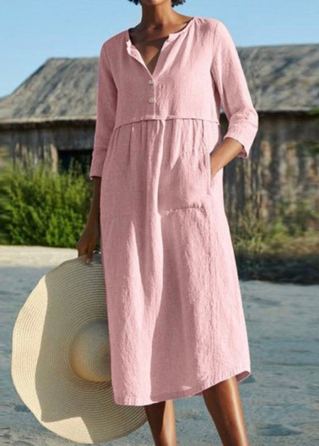 Pink O Neck Pockets Patchwork Cotton Dresses Summer
