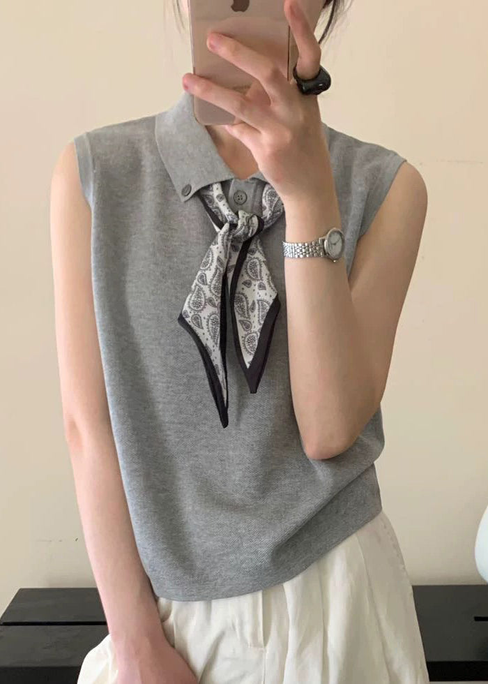 Grey Peter Pan Collar Scarves Knit Shirt Top Sleeveless