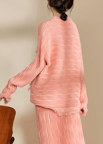 Pink V Neck Button Tassel Knit Cardiga Fall