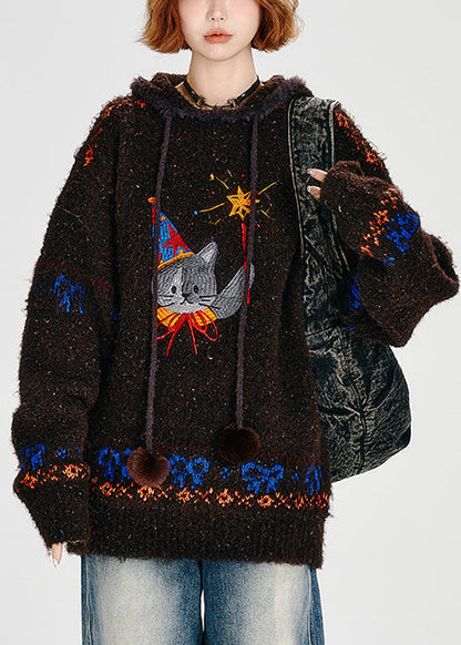 Choaolate Hooded Cat Embroidered Knit Loose Sweatshirt Winter
