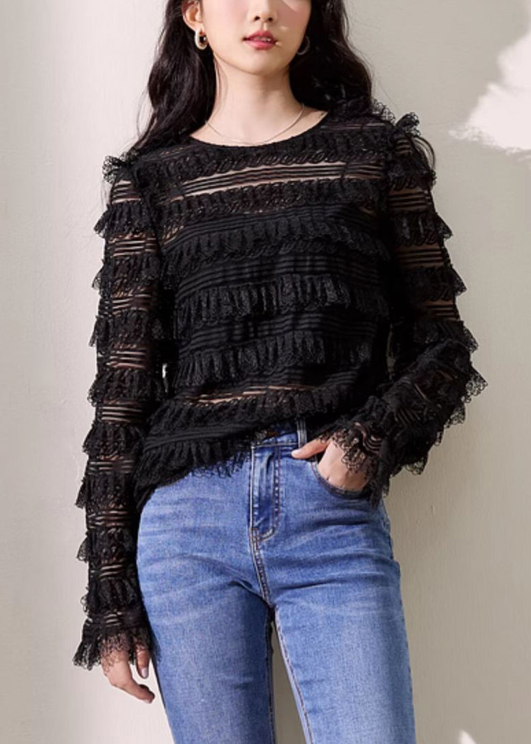 New Black O Neck Lace Top Long Sleeve