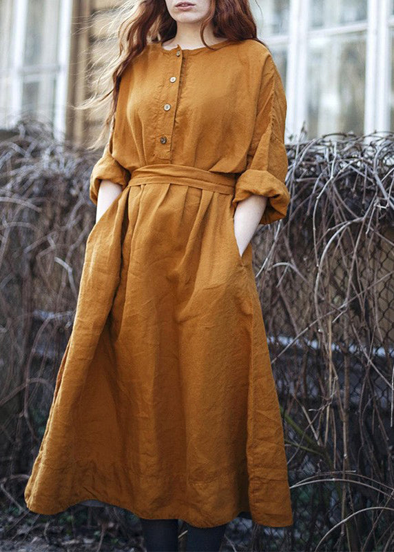 New Grey O Neck Button Tie Waist Linen Dresses Spring