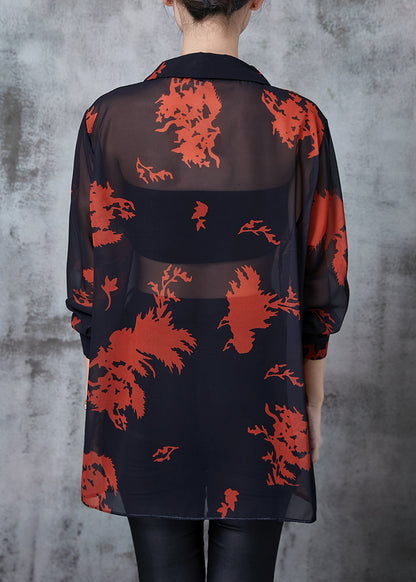 Black Print Chiffon Upf 50+ Blouse Top Oversized Summer