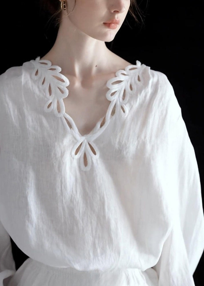 Art White Hollow Out Cotton Blouse Top Fall