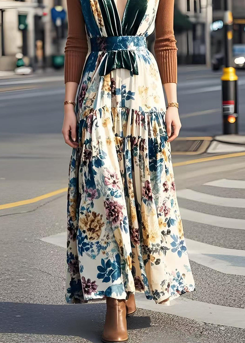 V Neck Patchwork Print Silk Velvet Long Dress Fall