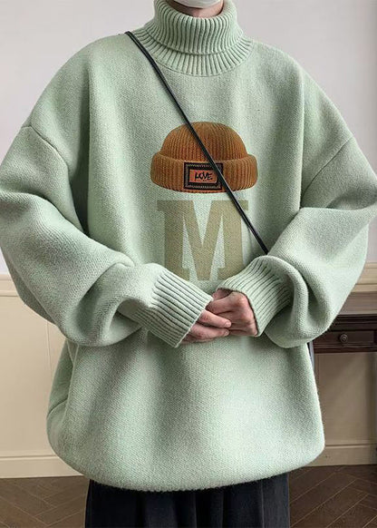Stylish Green Turtleneck Print Cotton Knit Sweaters Winter