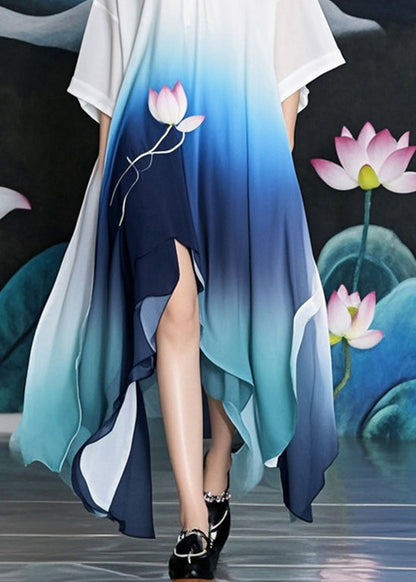 Gradient Color Asymmetrical Design Lotus Print Chiffon Long Dress Summer
