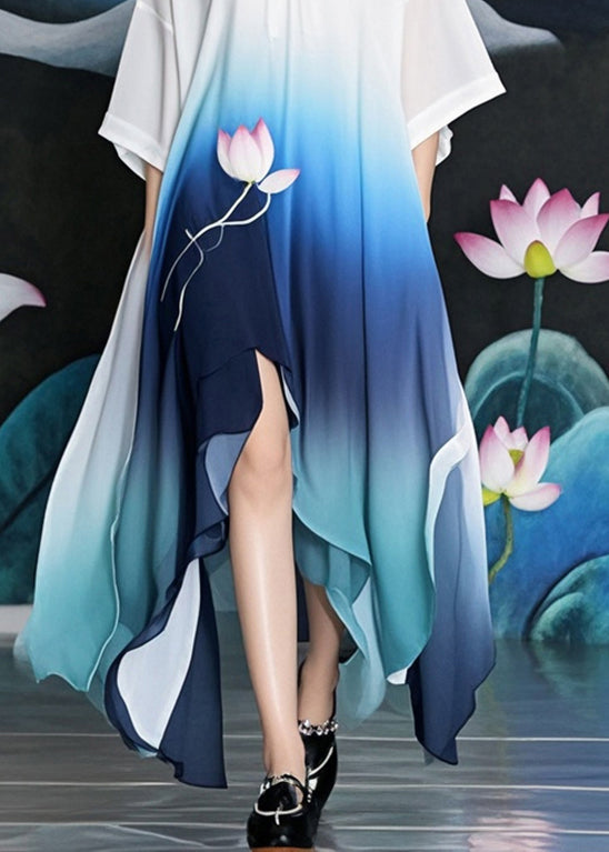 Gradient Color Asymmetrical Design Lotus Print Chiffon Long Dress Summer