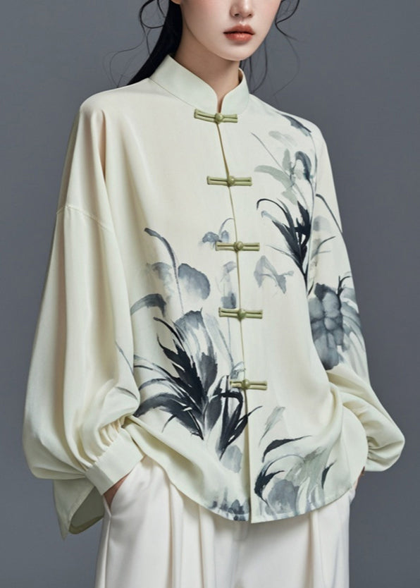 Light Green Stand Collar Print Cotton Shirt Fall