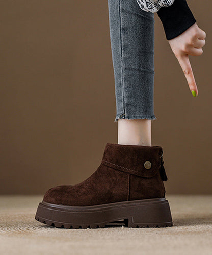 Comfy Coffee Zippered Splicing Chunky Ankle Boots