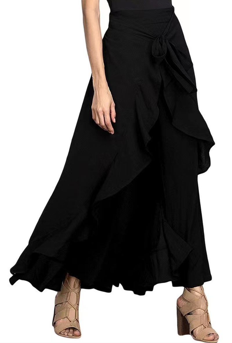 Grey Waist Spliced Ruffle Hem Straight Leg Skirt