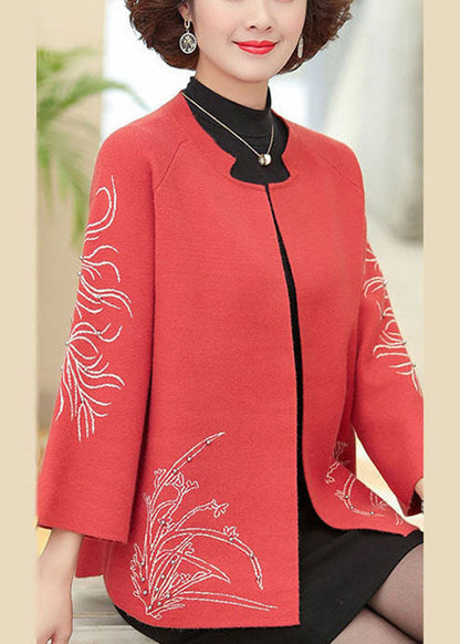 Red Print Woolen Cardigans O-neck Oversized Nail Bead Long Sleeve