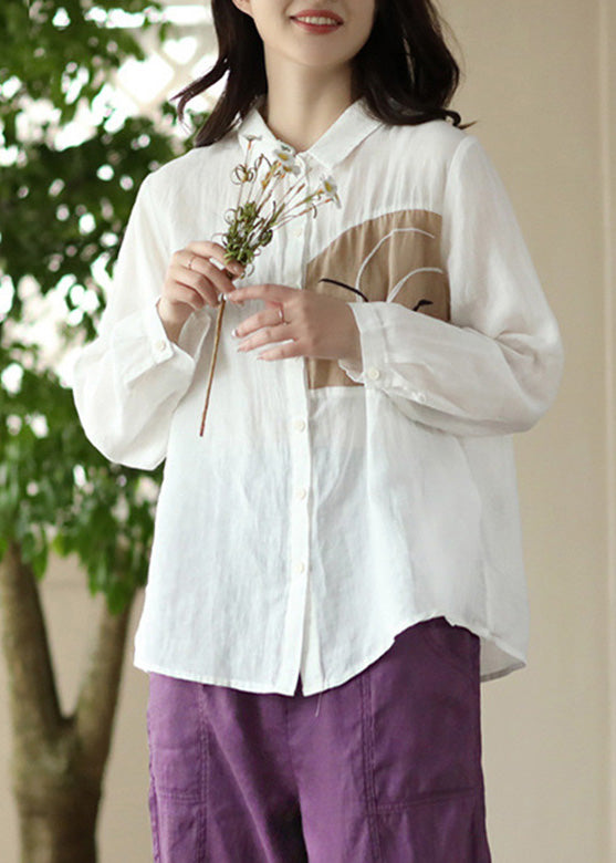 Handmade Peter Pan Collar Embroidered Button Ramie Shirts Long Sleeve