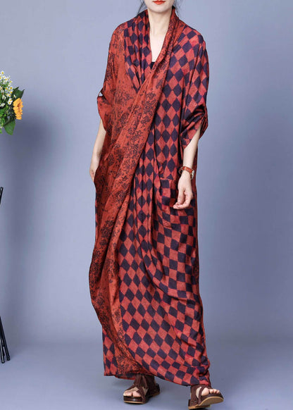 Orange V Neck Plaid Silk Long Dress Long Sleeve