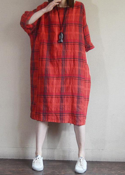 Cotton Tunic Top Plaid Round Neck Cotton Linen Dress