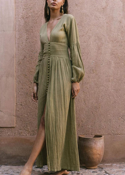 French Pink V Neck Wrinkled Side Open Cotton Dress Long Sleeve