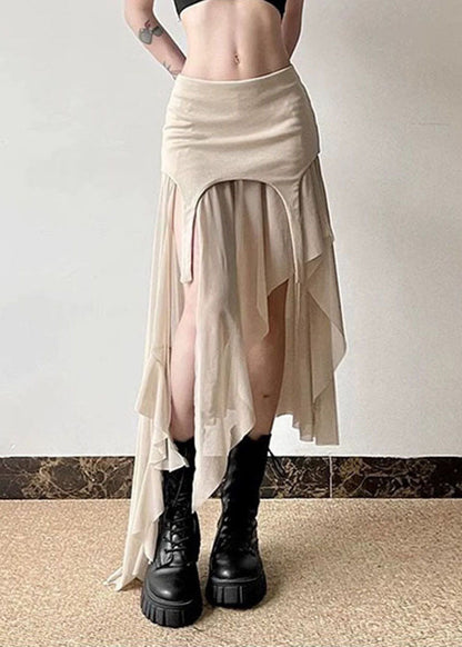 Khaki Asymmetrical Tulle Patchwork High Waist Maxi Skirts