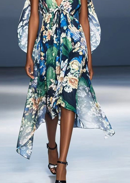 Black V Neck Print Chiffon Vacation Dresses Summer