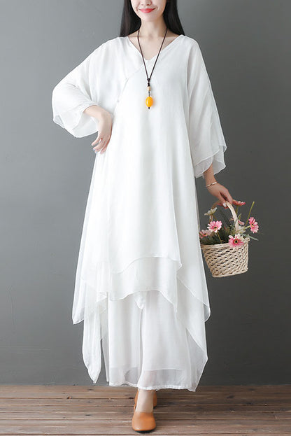 Spring Cotton Blend Long Sleeve Dress Loose Two Piece