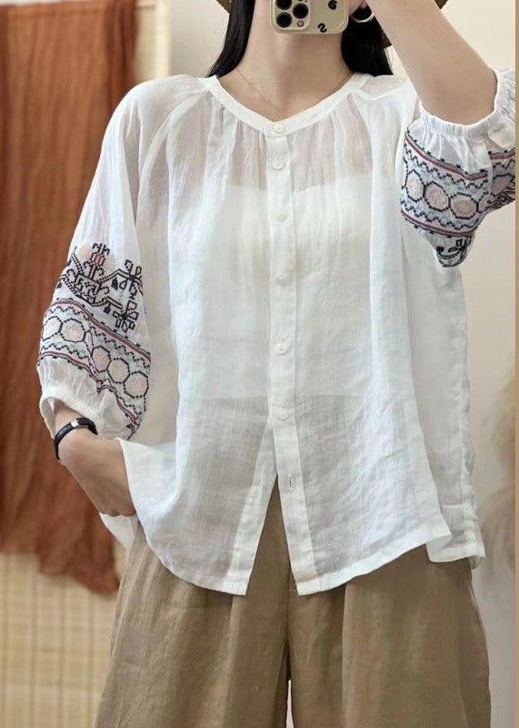 Retro Red Embroidered Button Patchwork Linen Shirt Top Lantern Sleeve