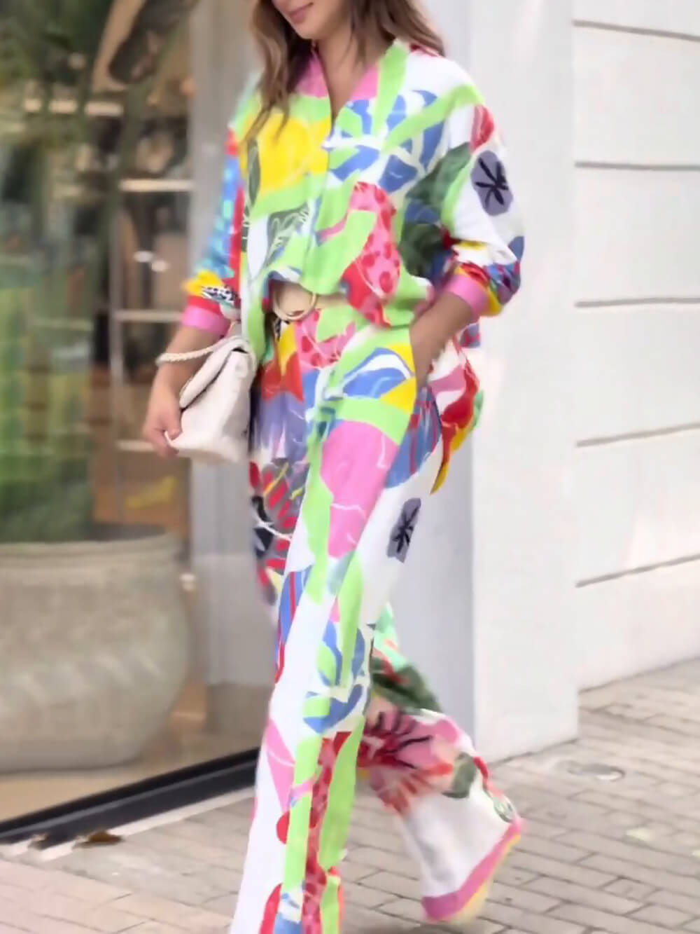 Loose Printed Shirt High Waist Wide Leg Pants Suit