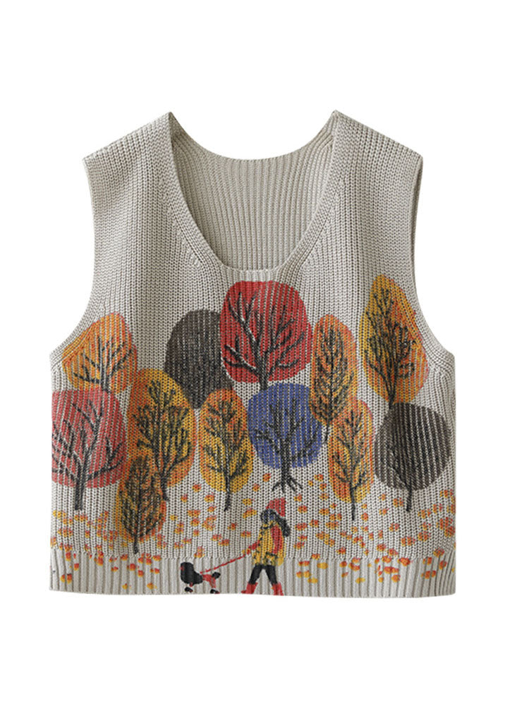 Natural Beige Print Knit Vest Sleeveless