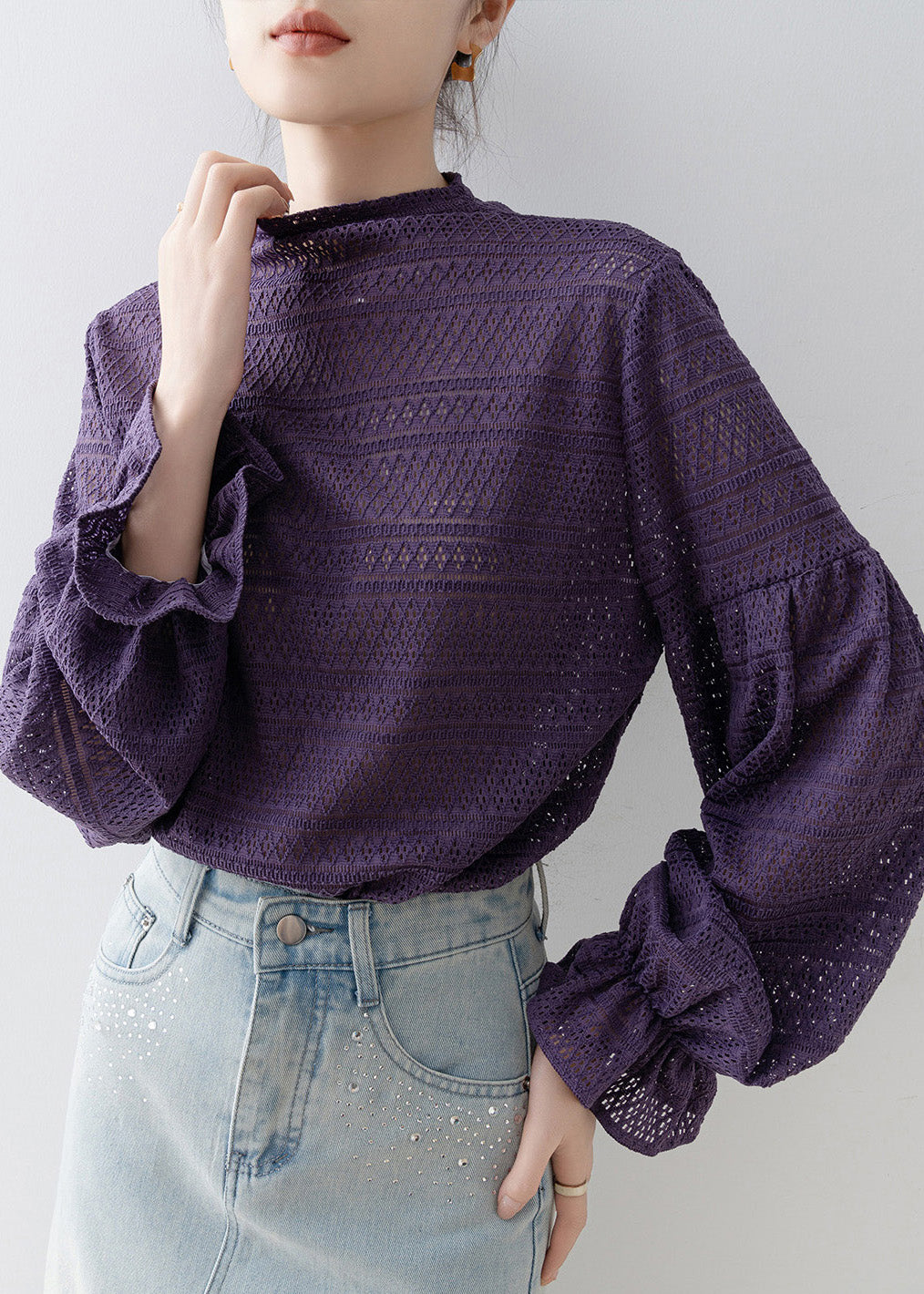 New Purple Hollow Out Patchwork Cotton T Shirt Tops Lantern Sleeve