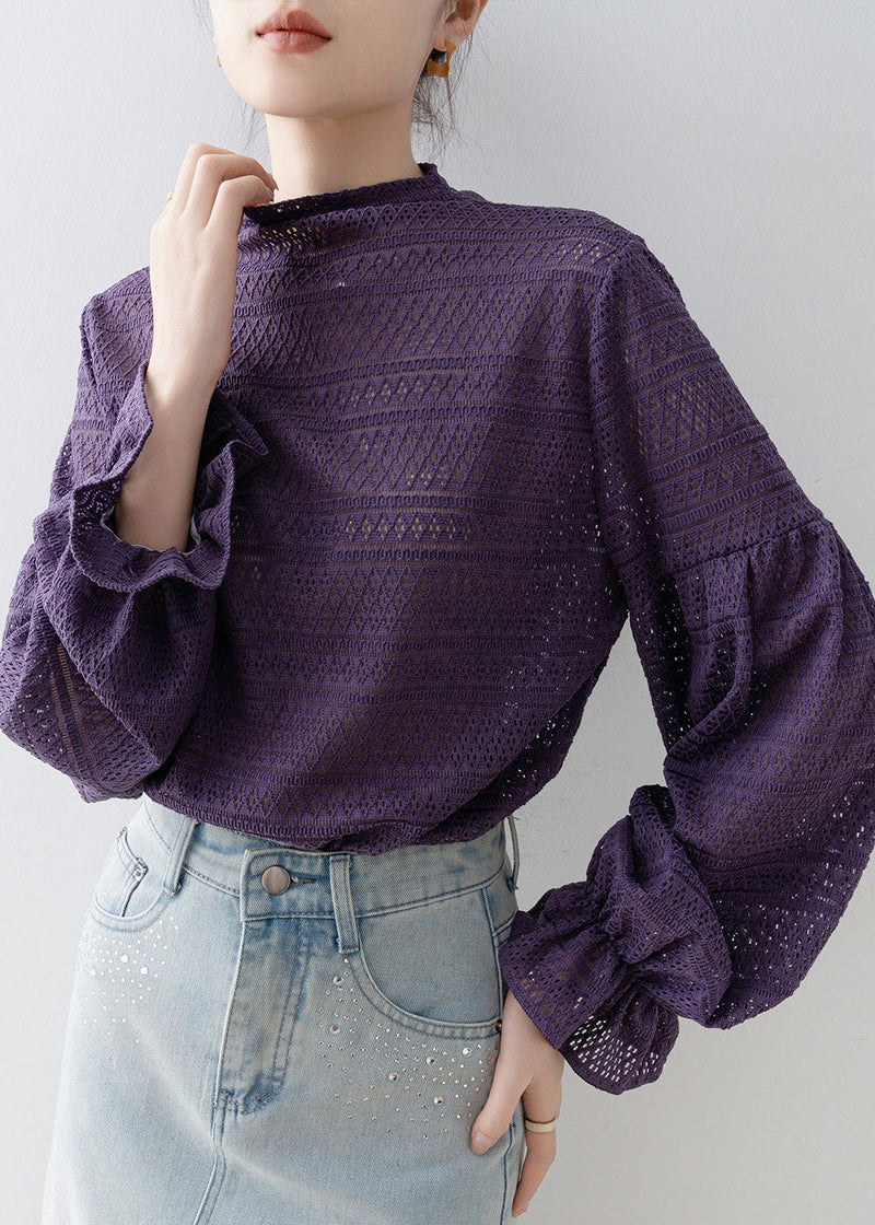 New Purple Hollow Out Patchwork Cotton T Shirt Tops Lantern Sleeve