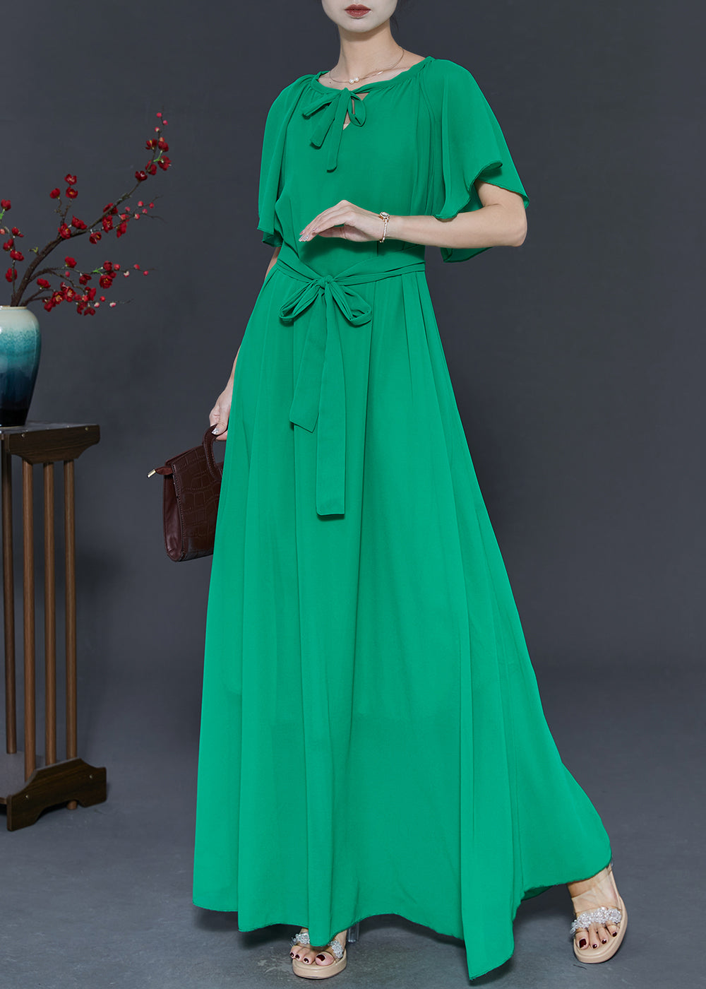 Grass Green Chiffon a Line Dresses Tie Waist Summer