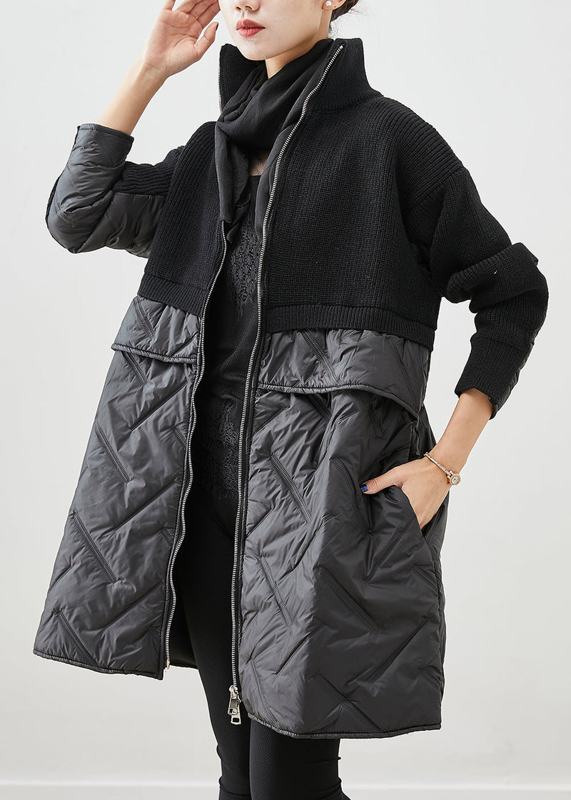 Black Zip Up Patchwork Fine Cotton Filled Knit Coat Winter