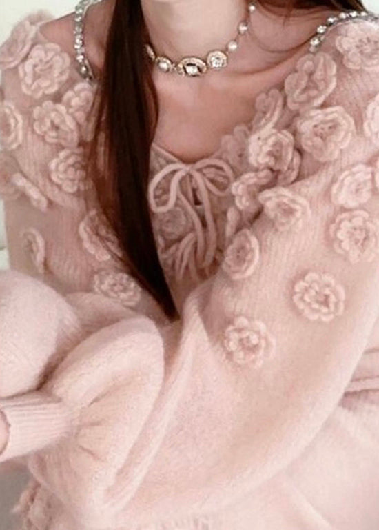 Pink Lace Up Knit Sweaters Fall