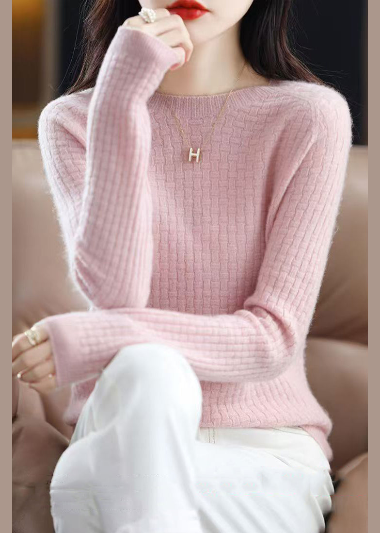 Pink O Neck Cotton Knit Sweaters Fall